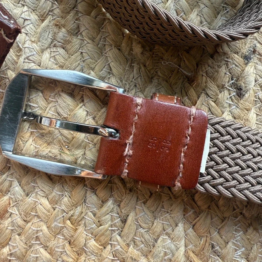 Mens Woven Braided Elastic Stretch Belt Brown Leather Trim Silver Buckle 38 95